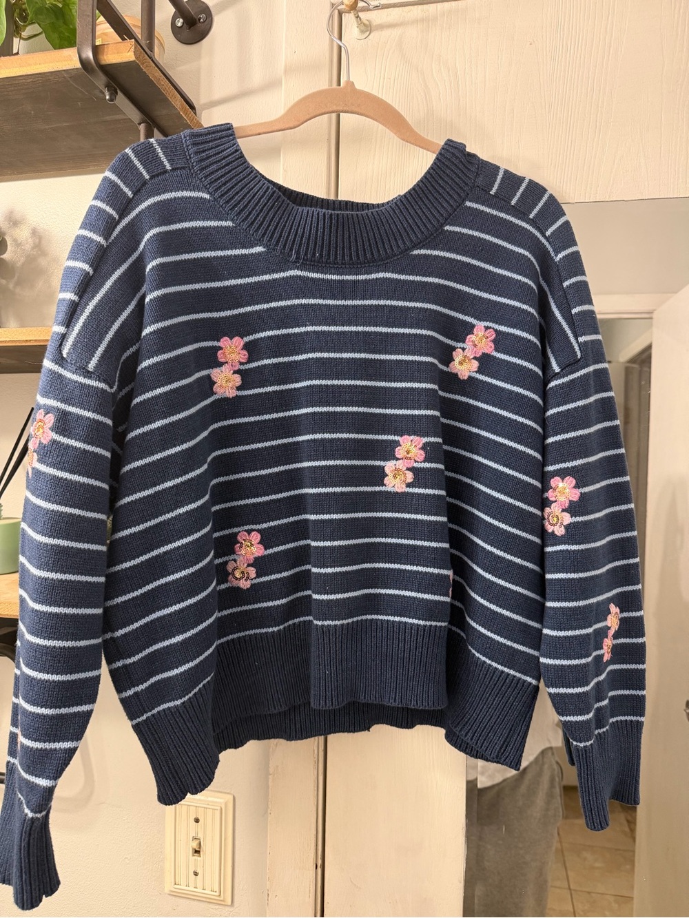 Joseph Navy Striped Crewneck Sweater with Pink Floral Appliqués